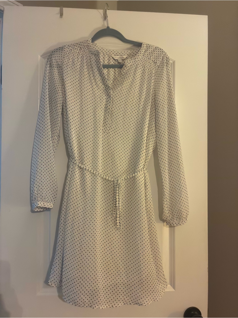 Polka Dot Long Sleeve Tie-Waist Dress - White with Gray Dots
